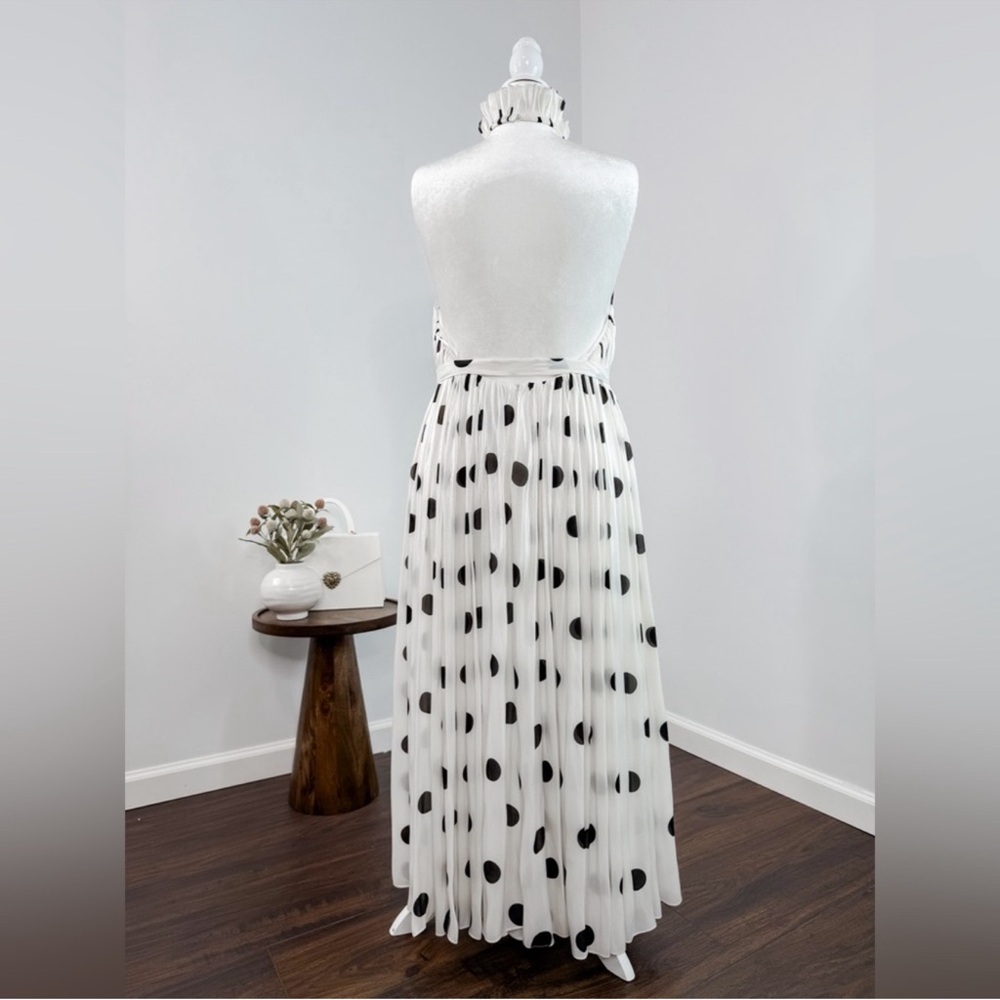 Halpern Polka-Dot Plisse Belted Halter Midi Dress - Picture 6 of 9